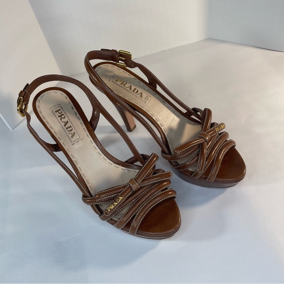 Prada Brown Leather Heeled Sling back Strappy Platform Sandals with bow 38 - Picture 1 of 13